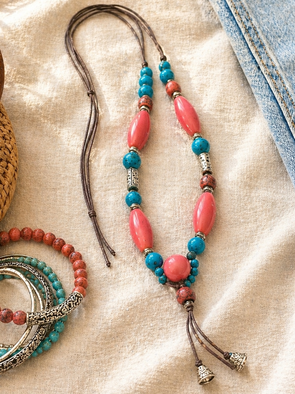 Boho Coral Turquoise Beaded Necklace Adjustable